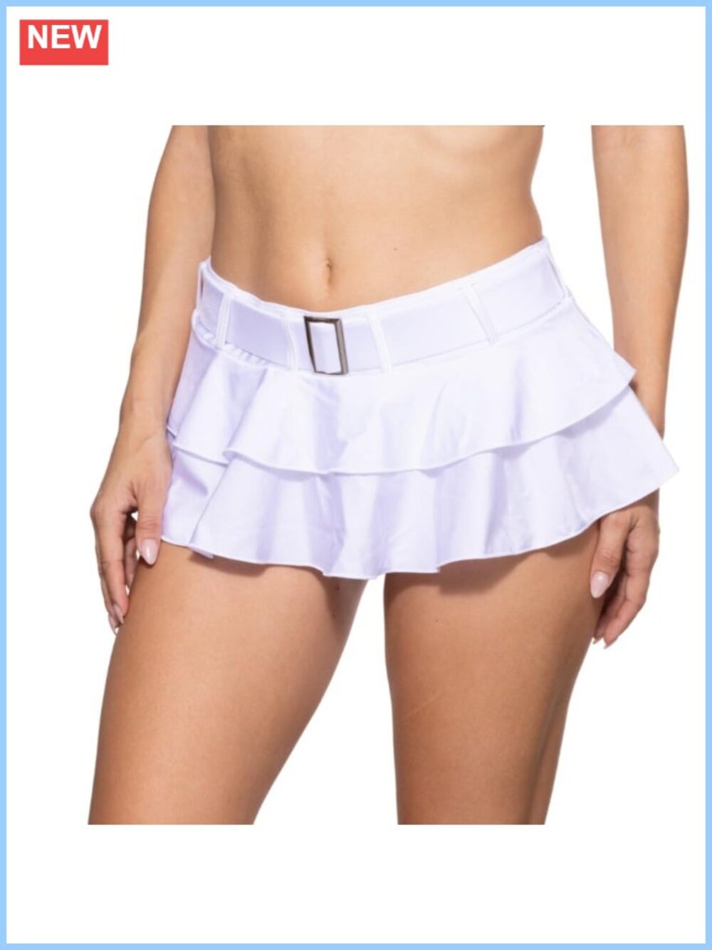 Belted Mini Skirt Low Rise Ruffled Hem Faux Belt Detail Polyester Blend